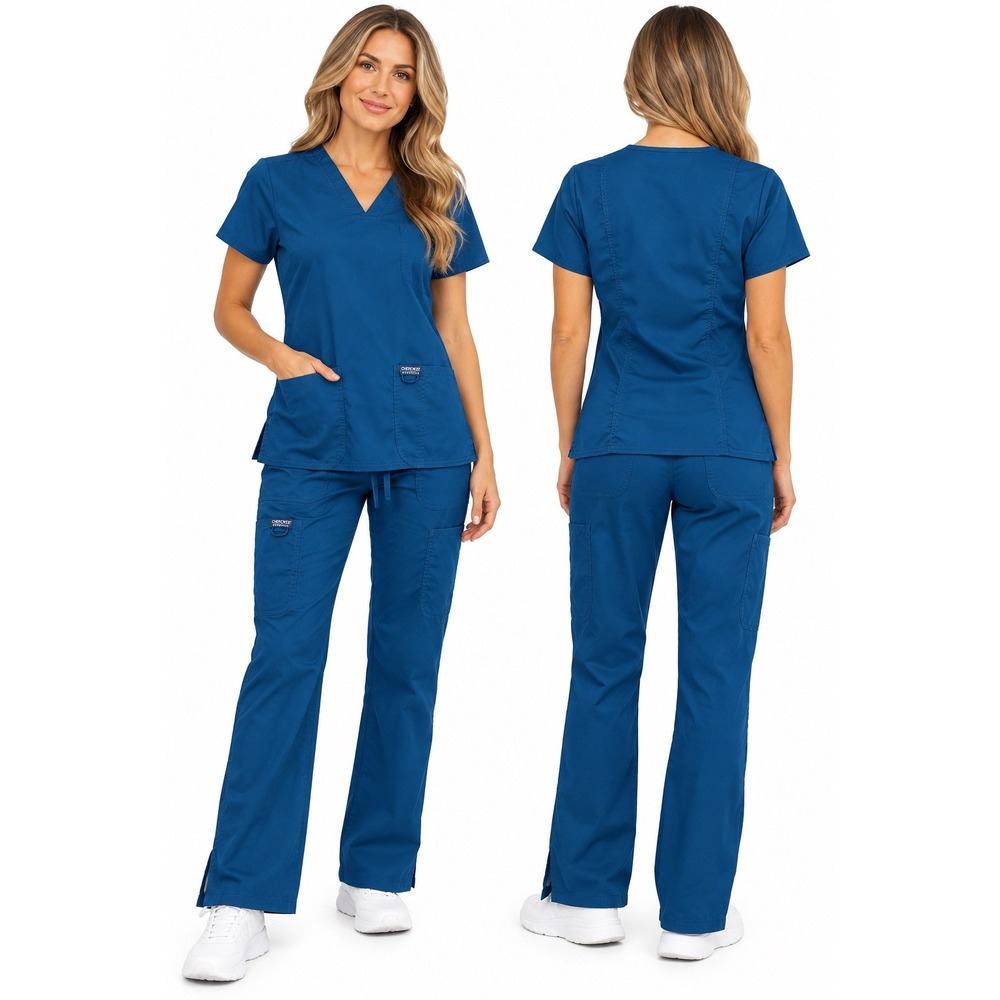 Cherokee Workwear Revolution Scrub Set Blue V-Neck Top Cargo Pants XS